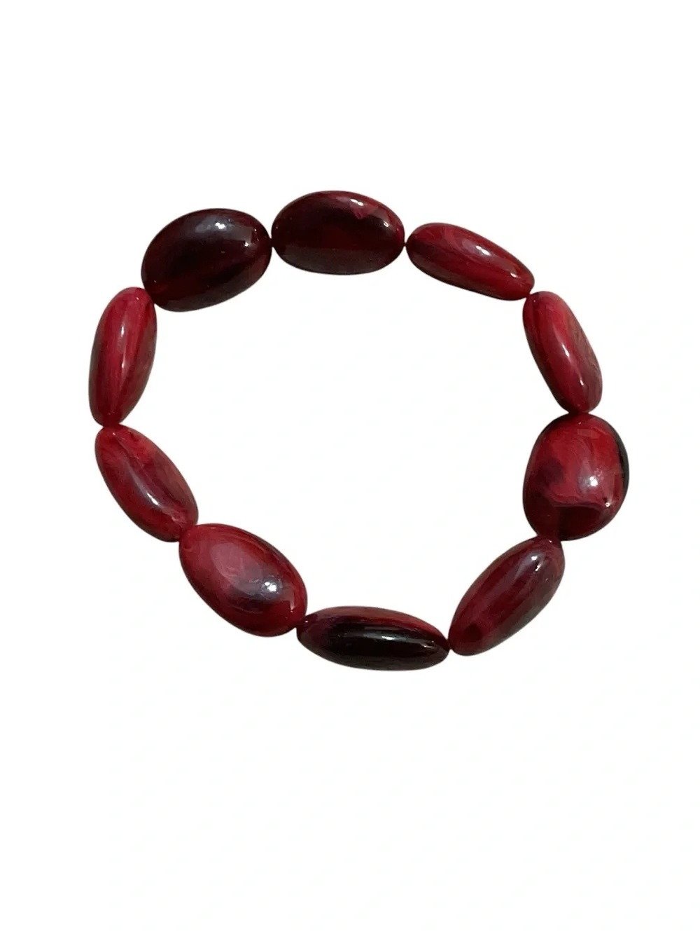 Marbled Ruby Red Oval Bead Stretch Bracelet Chunky Statement Jewelry